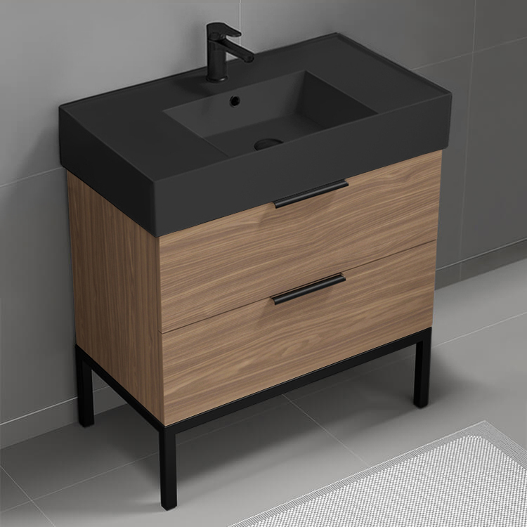 Nameeks DERIN619 Walnut Bathroom Vanity With Black Sink, Free Standing, 32 Inch, Modern